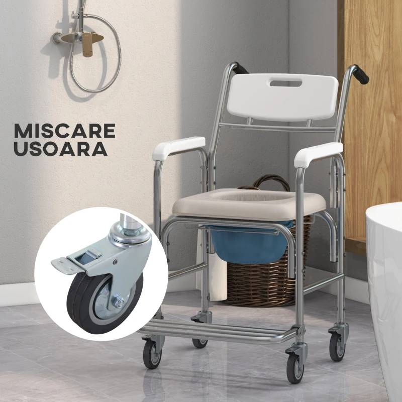 HOMCOM Scaun Cu Rotile – Impermeabil cu WC Detasabil pentru Batrani