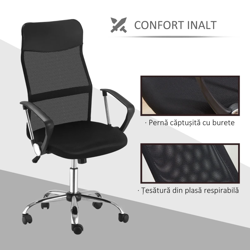 HOMCOM scaun ergonomic de birou, insertie plasa, negru