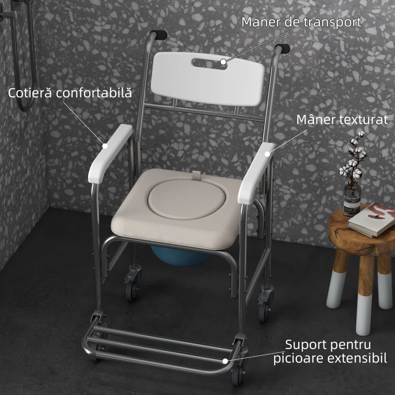 HOMCOM Scaun Cu Rotile – Impermeabil cu WC Detasabil pentru Batrani