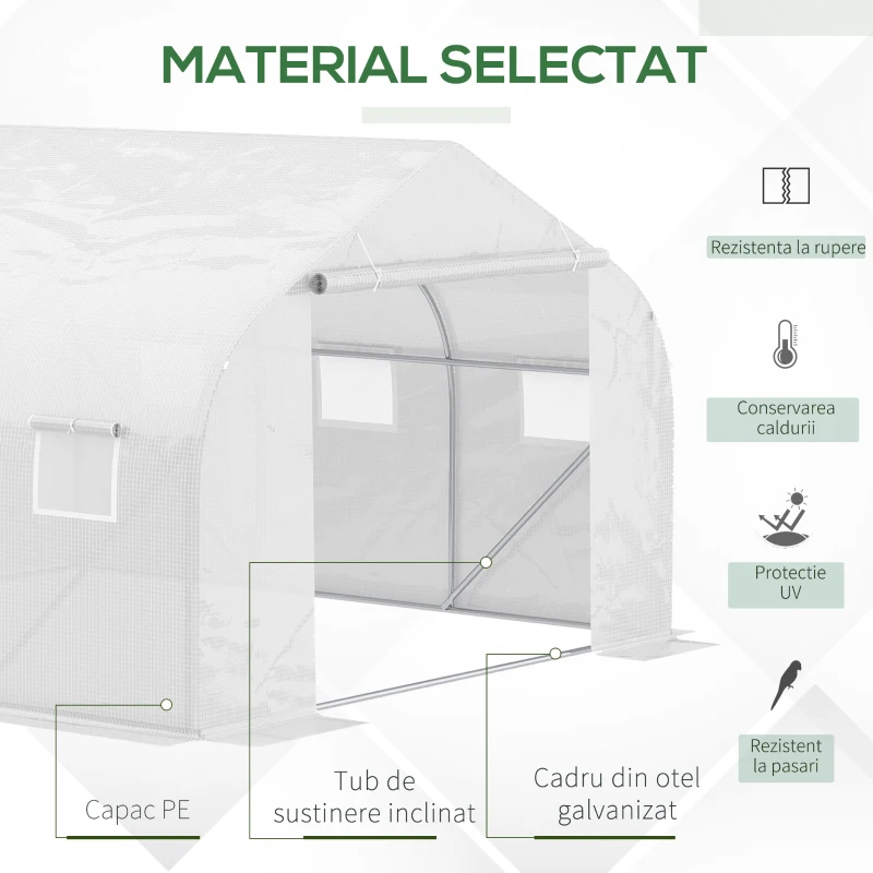 Outsunny Sera pentru grădină cu acoperiș din PE cu țevi din fier, alb, 3,5x3x2m(m-4)