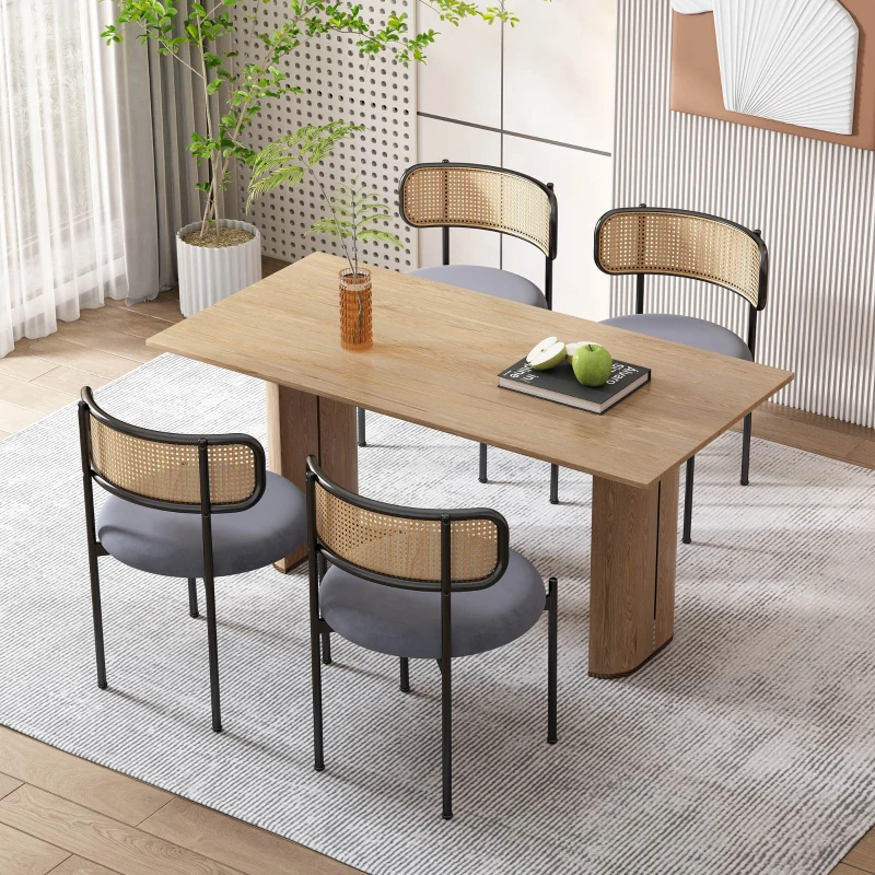 Set 4 sedie da pranzo in tessuto effetto velluto con Gambe in Metallo e Schienale in Rattan, 60x18x86 cm, Grigio