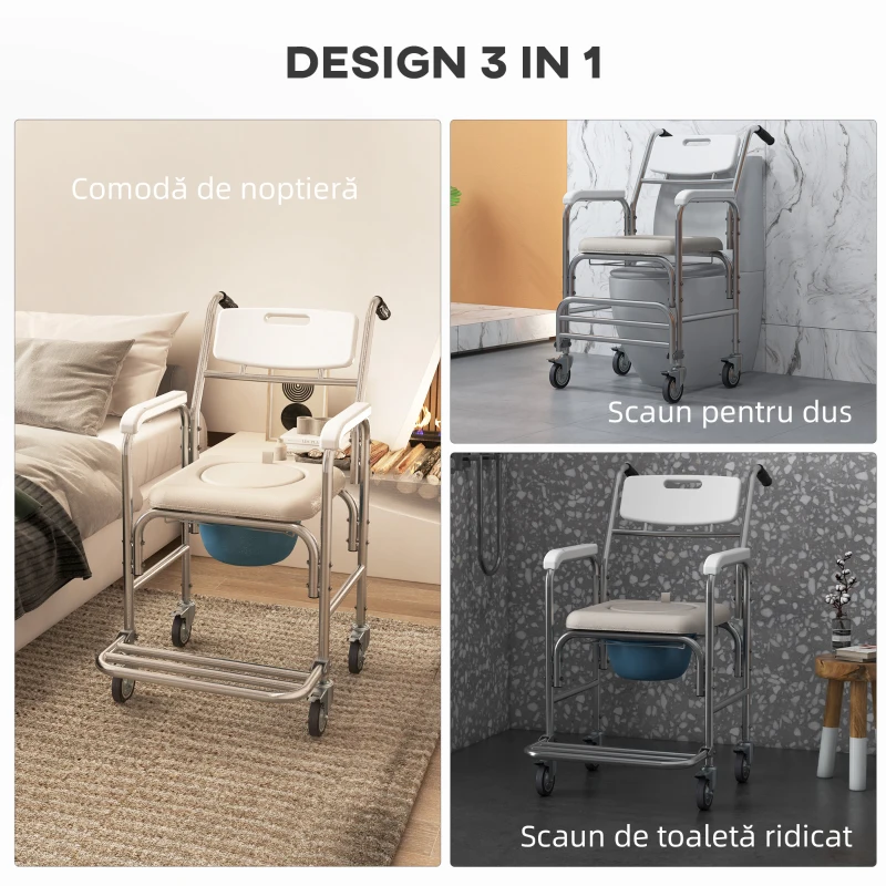 HOMCOM Scaun Cu Rotile – Impermeabil cu WC Detasabil pentru Batrani
