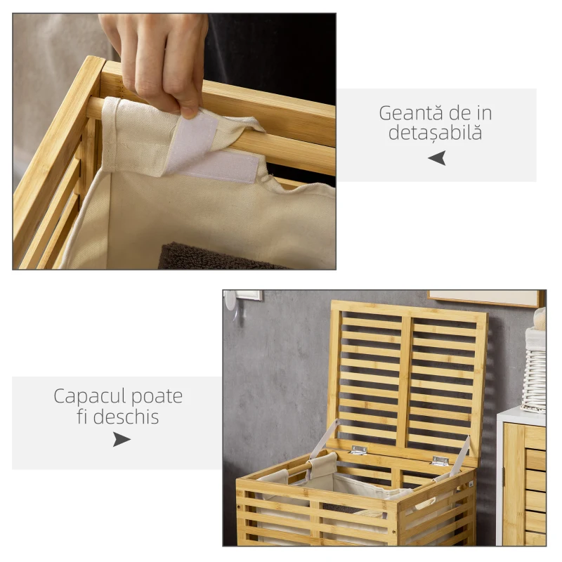 HOMCOM Cos de rufe din bambus, cu capac si sac de captuseala detasabil, cos de spalat, economiseste spatiu, natural