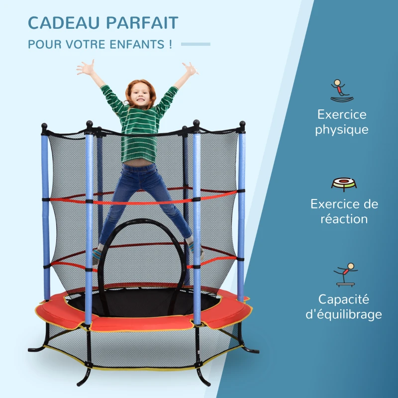 HOMCOM Trampoline de Jardin Enfants Ø 1,65 × 1,62H m Filet de sécurité Porte zipée Couvre-Ressorts + 6 poteaux rembourrés Inclus Noir Rouge Bleu