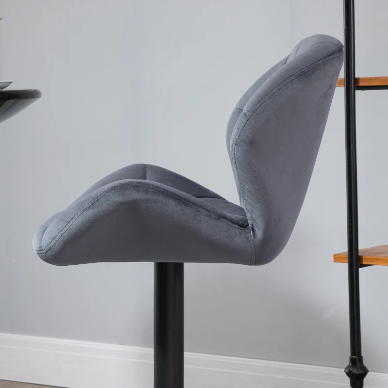 HOMCOM Set 2 Sgabelli da Bar con Altezza Regolabile Base in Metallo Seduta in Velluto, Sgabelli Cucina Alti Girevole con Schienale e Poggiapiedi, 51.5x57.5x93-114.5cm, Grigio