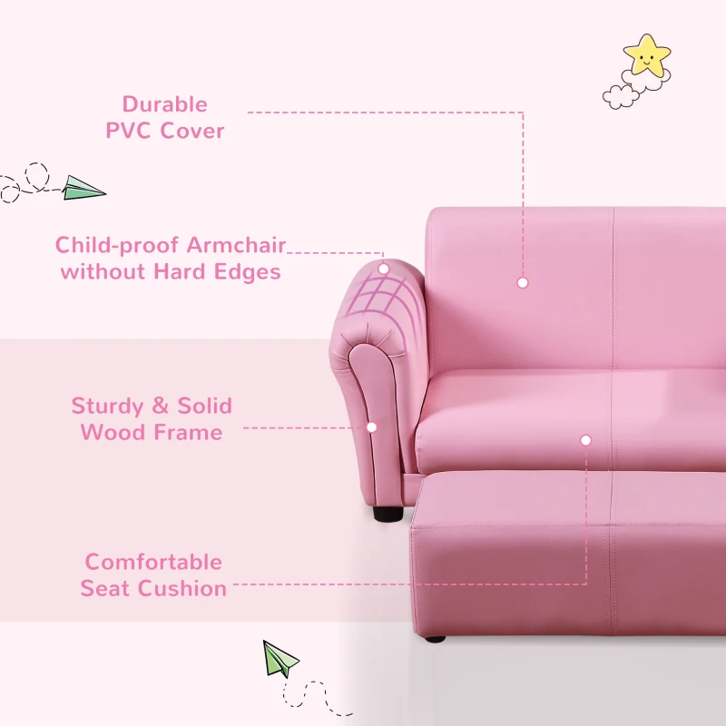 HOMCOM Toddlercouch, 2 Seater Kids Sofa, with Footstool, Arms, Wood Frame, PVC Cover, Pink