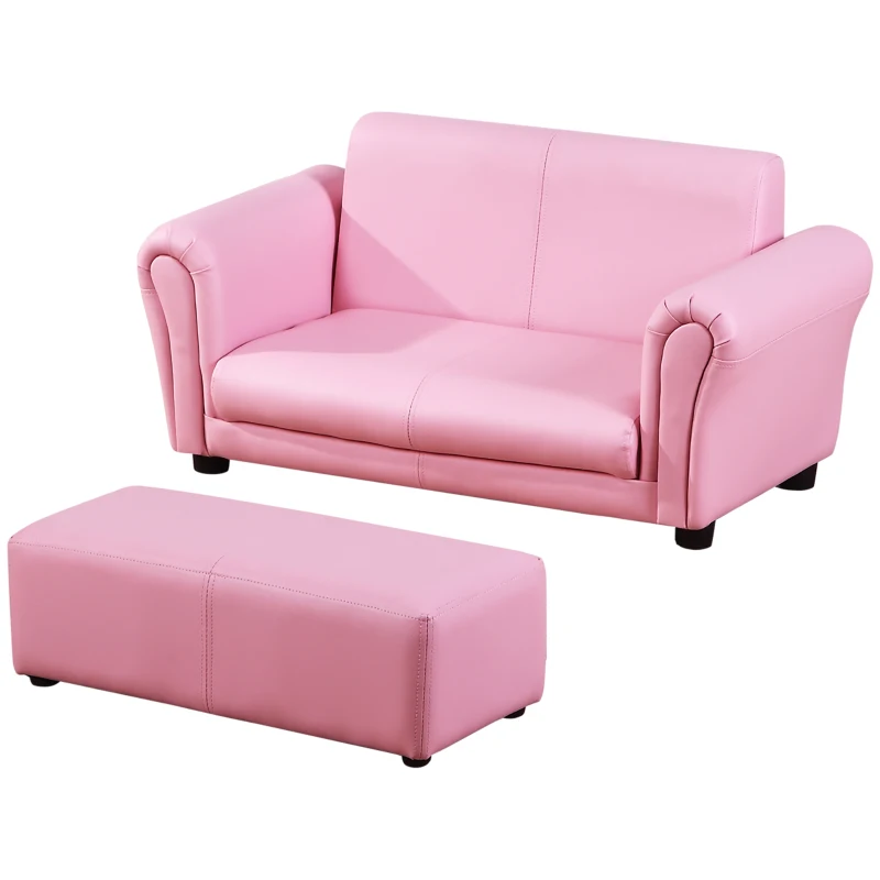 HOMCOM Toddlercouch, 2 Seater Kids Sofa, with Footstool, Arms, Wood Frame, PVC Cover, Pink