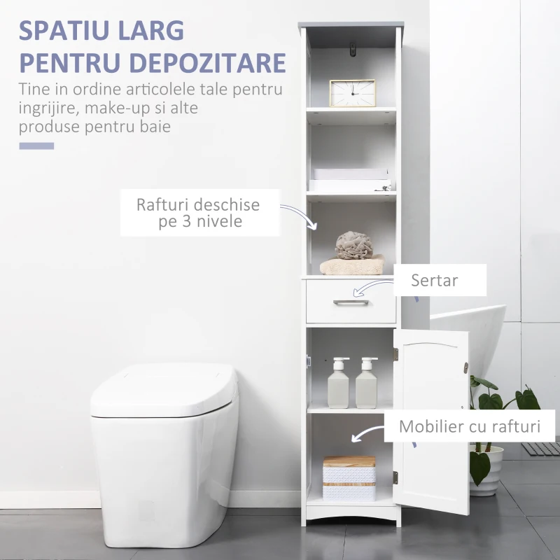 Kleankin Dulapior de baie cu Raft cu 3 niveluri, din MDF Lacuit, 34x30x163cm, Alb si Gri