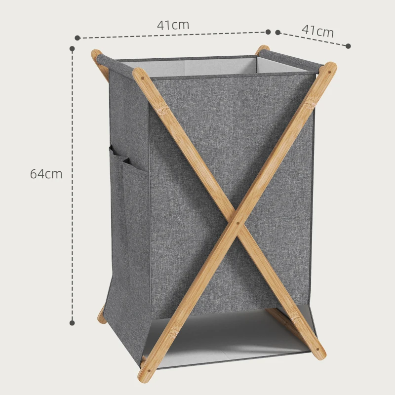 HOMCOM Coș Pliabil pentru Rufe 55L din Material Textil și Cadru din Bambus pentru Cameră și Spălătorie, 41x41x64 cm, Gri