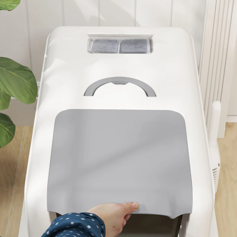 PawHut Kattenbak met Roestvrijstalen Bak, Filter, Schep, voor Katten tot 6 kg, 40,5 x 60,5 x 41,5 cm, Wit/Zilver(m-9)