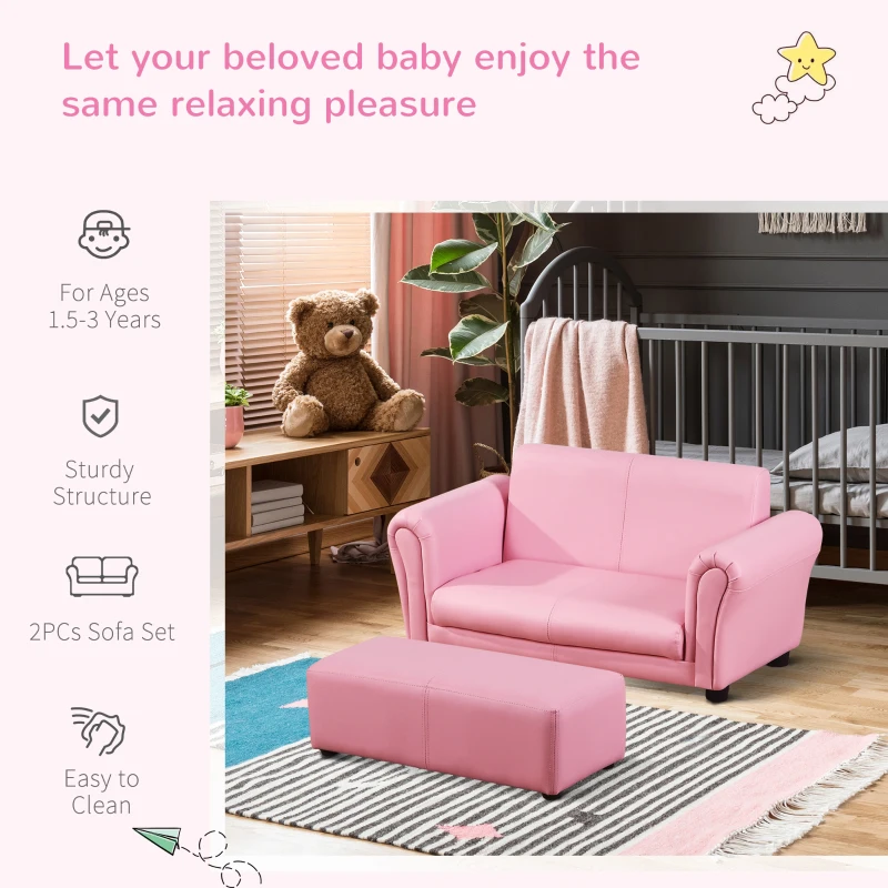 HOMCOM Toddlercouch, 2 Seater Kids Sofa, with Footstool, Arms, Wood Frame, PVC Cover, Pink