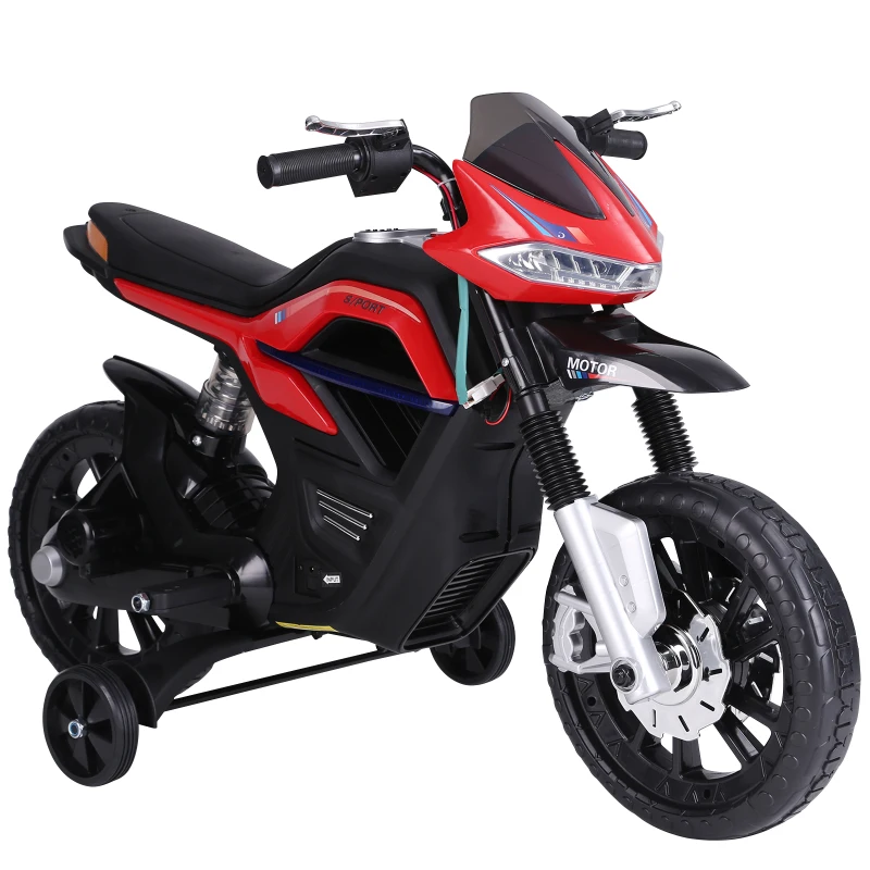 HOMCOM Kindermotorrad Kinder-Elektromotorrad Elektro-Motorrad für Kinder 3-6 Jahren Licht Musik MP3 Elektrofahrzeug mit Stützrädern maximal 3 km/h Metall + Kunststoff Rot 105 x 52,3 x 62,3 cm
