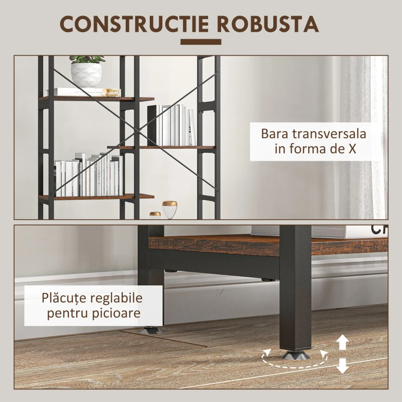 HOMCOM Biblioteca cu 6 Rafturi Lemn Cadru din Metal Negru Maro
