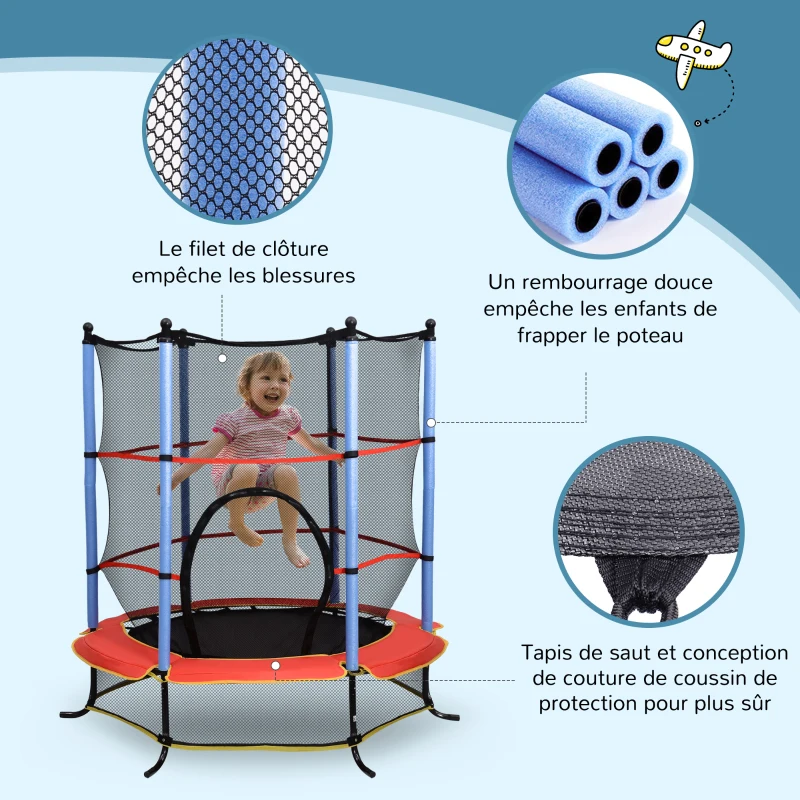 HOMCOM Trampoline de Jardin Enfants Ø 1,65 × 1,62H m Filet de sécurité Porte zipée Couvre-Ressorts + 6 poteaux rembourrés Inclus Noir Rouge Bleu