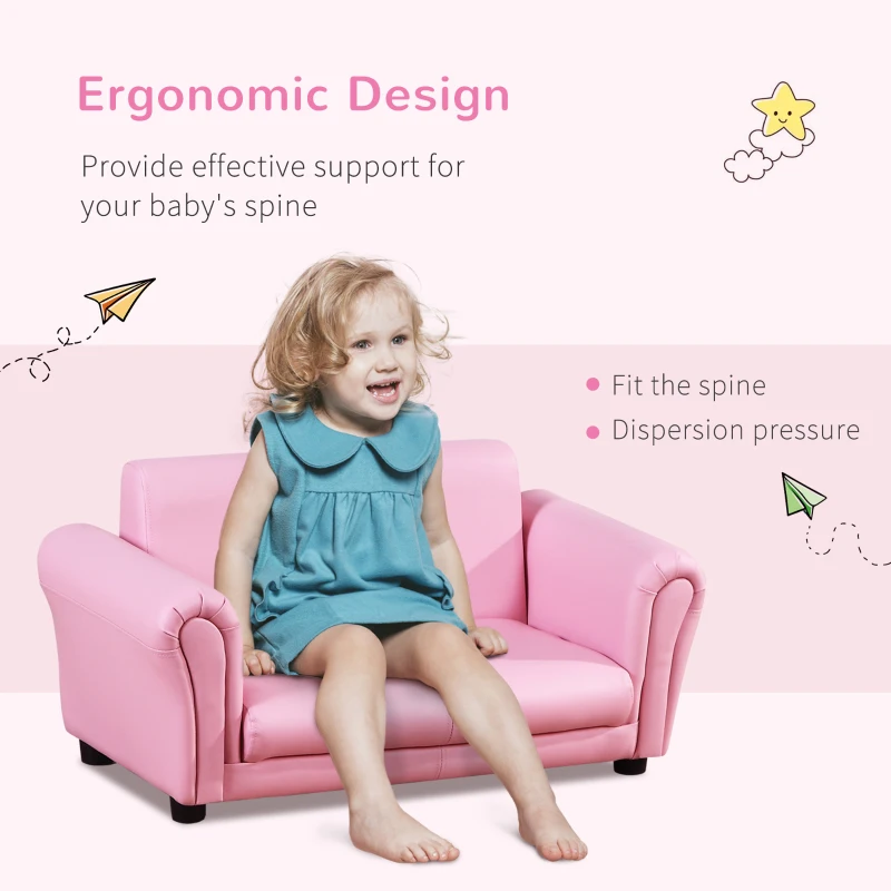 HOMCOM Toddlercouch, 2 Seater Kids Sofa, with Footstool, Arms, Wood Frame, PVC Cover, Pink