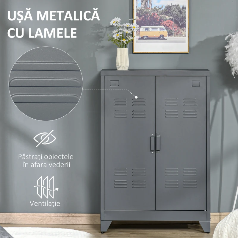 HOMCOM Dulapior Multifunctional cu 2 Usi Stil Industrial, Dulapior Metalic pentru Casa si Garaj - Gri