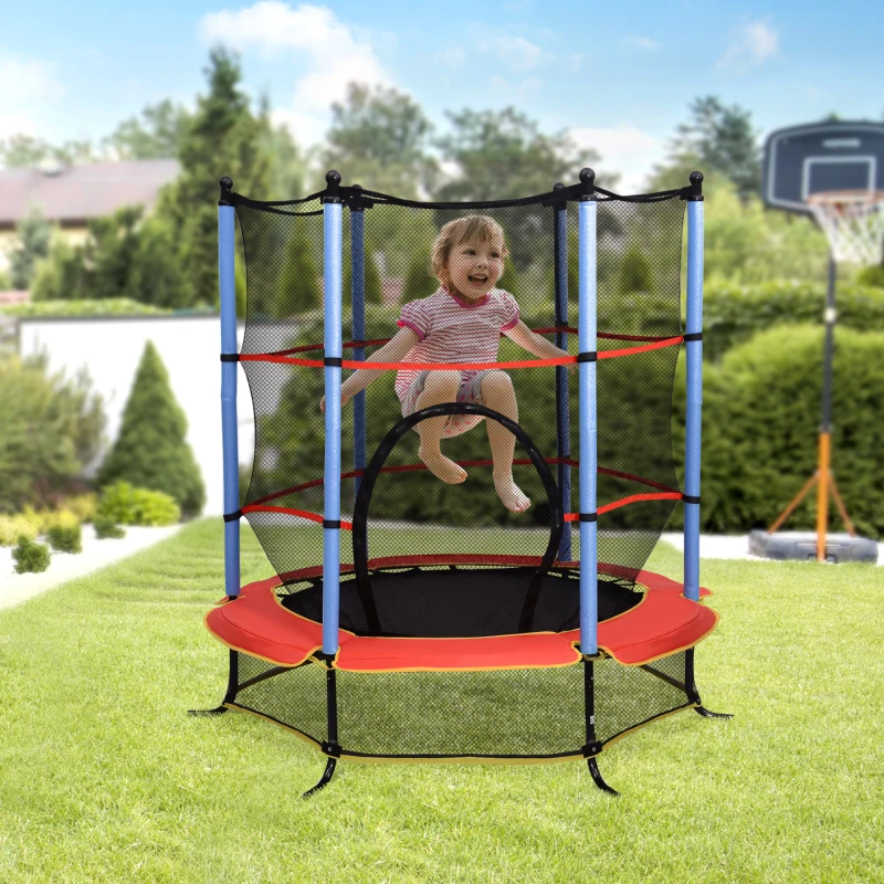 HOMCOM Trampoline de Jardin Enfants Ø 1,65 × 1,62H m Filet de sécurité Porte zipée Couvre-Ressorts + 6 poteaux rembourrés Inclus Noir Rouge Bleu