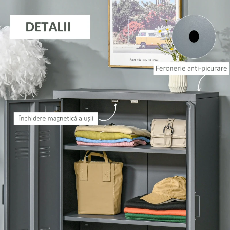 HOMCOM Dulapior Multifunctional cu 2 Usi Stil Industrial, Dulapior Metalic pentru Casa si Garaj - Gri