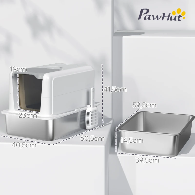 PawHut Kattenbak met Roestvrijstalen Bak, Filter, Schep, voor Katten tot 6 kg, 40,5 x 60,5 x 41,5 cm, Wit/Zilver(m-3)