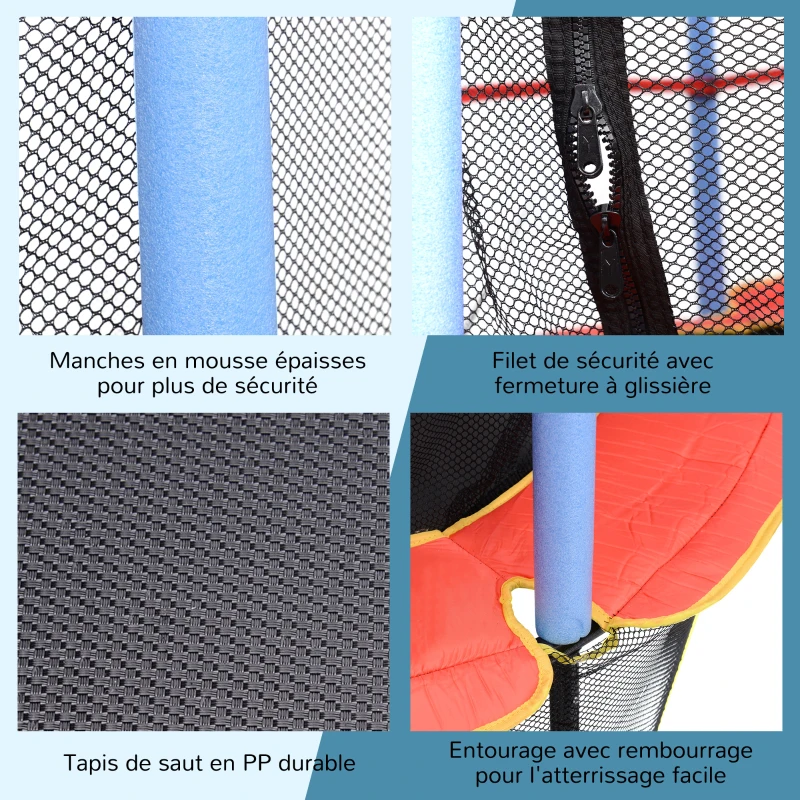 HOMCOM Trampoline de Jardin Enfants Ø 1,65 × 1,62H m Filet de sécurité Porte zipée Couvre-Ressorts + 6 poteaux rembourrés Inclus Noir Rouge Bleu