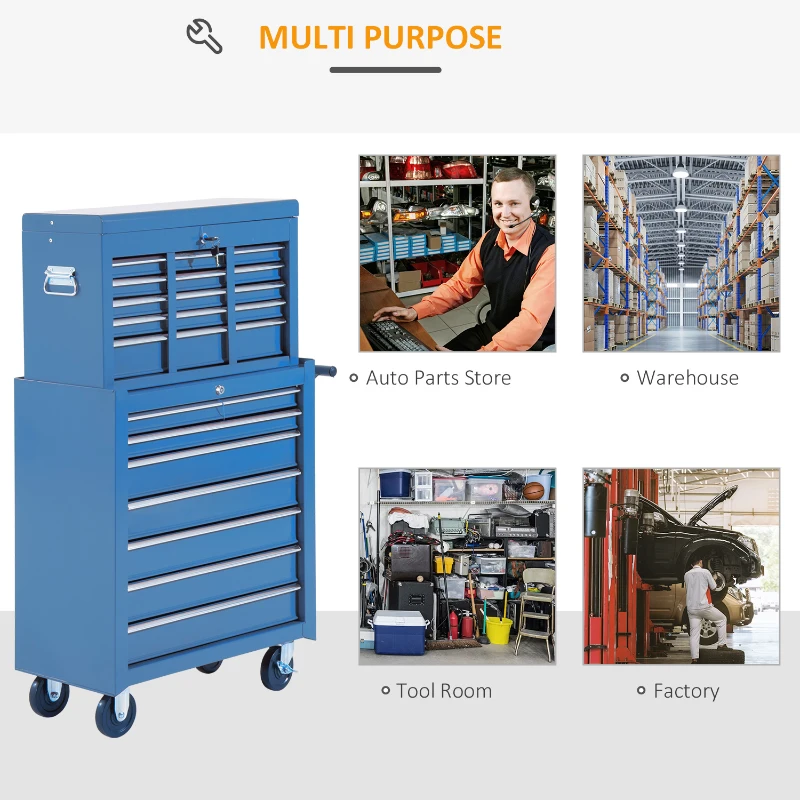 HOMCOM® mobiele werkplaatswagen gereedschapswagen met wielen & slot gereedschapswagen wagen met wielen gereedschapskist, afsluitbaar met 16 schuifladen, blauw