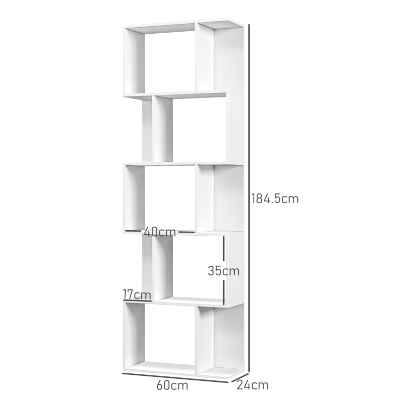 HOMCOM Raft pentru Cărți cu 5 Rafturi Separate, Bibliotecă în Formă de S din Lemn, 60x24x184,5 cm, Alb