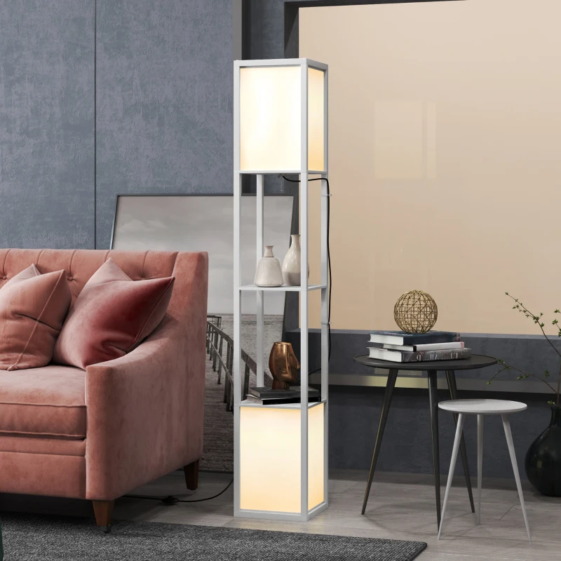 HOMCOM Lampă de Podea Modernă cu 2 Abajururi și 2 Rafturi, Lampă de Podea cu Întrerupător de Picior, 26x26x156 cm, Alb
