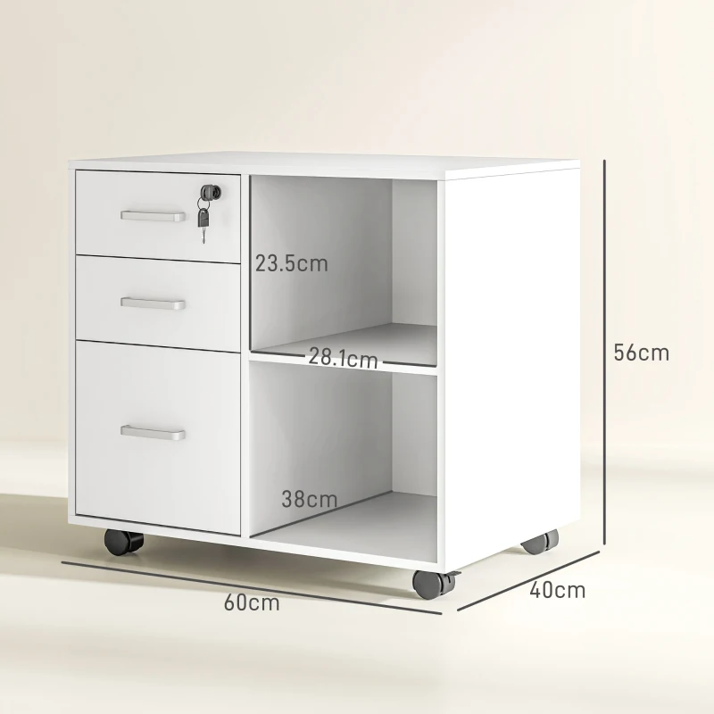 HOMCOM Dulap cu Sertare pentru Birou, Suport pentru Documente cu 3 Sertare cu Încuietoare și Chei, 60x40x56 cm, Alb