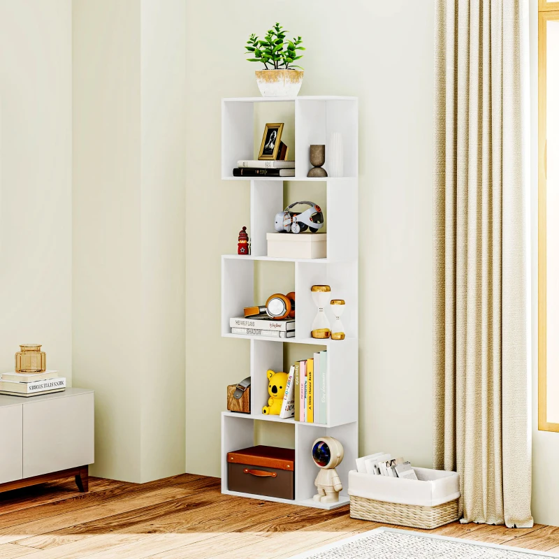 HOMCOM Raft pentru Cărți cu 5 Rafturi Separate, Bibliotecă în Formă de S din Lemn, 60x24x184,5 cm, Alb
