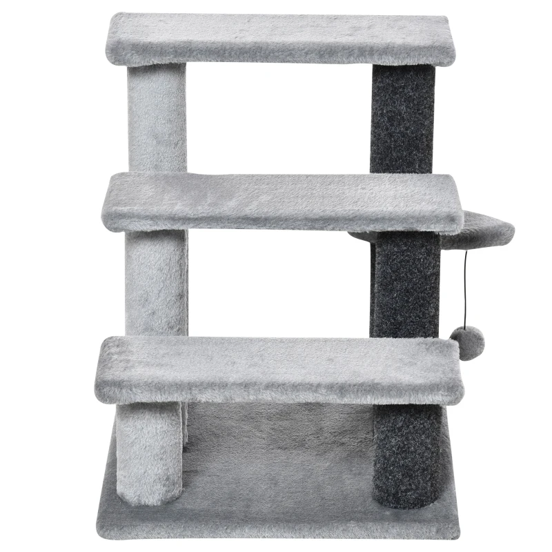 PawHut Katzentreppe 3-stufige Haustiertreppe mit Kratzsäulen Ball Hundetreppe Tiertreppe für Katzen bis 5 kg Plüsch Jute Grau 45 x 40 x 48 cm