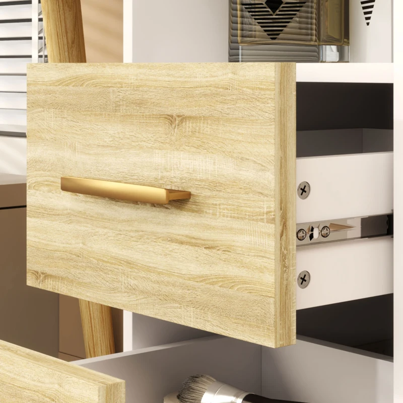 HOMCOM Tocador con Espejo y Luces LED Ajustables con 5 Cajones 4 Compartimentos y 1 Estante 100x44x137 cm Blanco y Natural