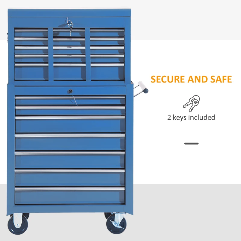 HOMCOM® mobiele werkplaatswagen gereedschapswagen met wielen & slot gereedschapswagen wagen met wielen gereedschapskist, afsluitbaar met 16 schuifladen, blauw