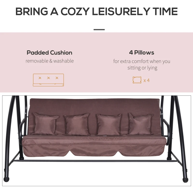 Outsunny hangmatschommel tuinschommel hangbank 3-zitsschommel met verstelbare dak ligfunctie polyester bruin 215 x 120 x 165 cm