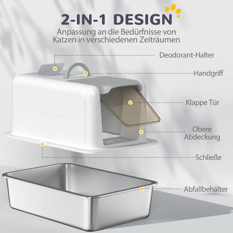 PawHut Kattenbak met Roestvrijstalen Bak, Filter, Schep, voor Katten tot 6 kg, 40,5 x 60,5 x 41,5 cm, Wit/Zilver(m-6)