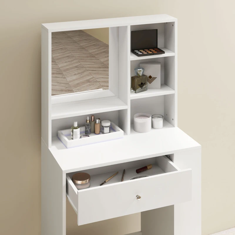 HOMCOM Set Masă de Toaletă cu Scaun, Stație de Machiaj cu Sertar, Oglindă și Rafturi din Lemn, 70x40x137 cm, Alb