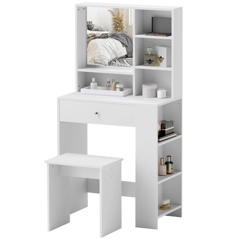HOMCOM Set Masă de Toaletă cu Scaun, Stație de Machiaj cu Sertar, Oglindă și Rafturi din Lemn, 70x40x137 cm, Alb