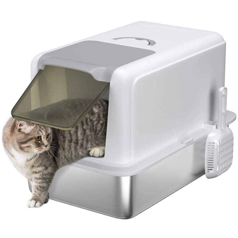 PawHut Kattenbak met Roestvrijstalen Bak, Filter, Schep, voor Katten tot 6 kg, 40,5 x 60,5 x 41,5 cm, Wit/Zilver(m-10)