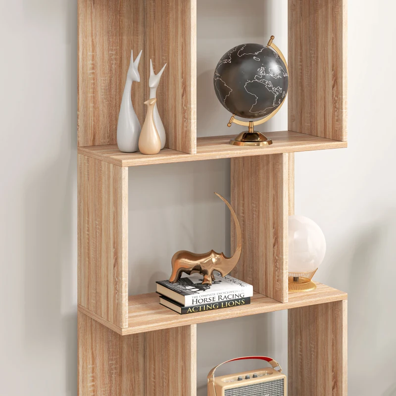 HOMCOM Bibliotecă cu 5 Rafturi Separate cu Spațiu de Economisire în Formă de S din Lemn, 60x24x184,5 cm, Lemn Natural