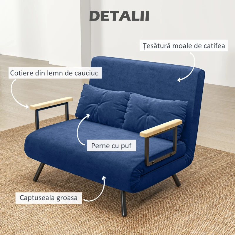 HOMCOM Canapea Pat de 2 Locuri cu Spătar Reglabil pe 5 Nivele și 2 Perne din Material Capitonat, 102x73x81 cm, Albastru(m-6)