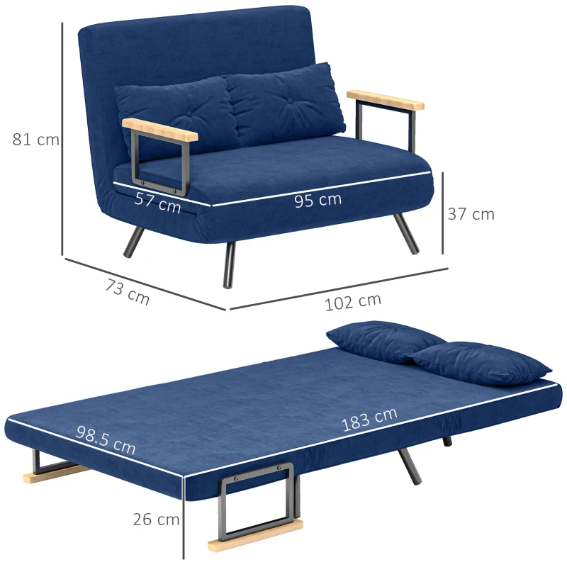 HOMCOM Canapea Pat de 2 Locuri cu Spătar Reglabil pe 5 Nivele și 2 Perne din Material Capitonat, 102x73x81 cm, Albastru(m-3)