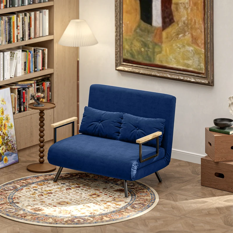 HOMCOM Canapea Pat de 2 Locuri cu Spătar Reglabil pe 5 Nivele și 2 Perne din Material Capitonat, 102x73x81 cm, Albastru(m-8)