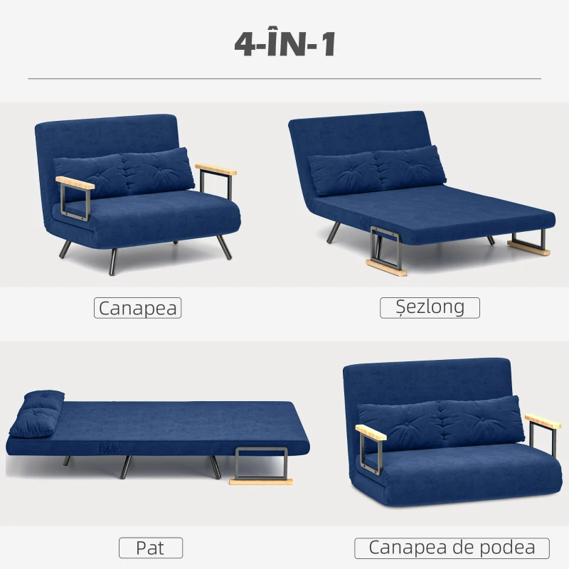 HOMCOM Canapea Pat de 2 Locuri cu Spătar Reglabil pe 5 Nivele și 2 Perne din Material Capitonat, 102x73x81 cm, Albastru(m-4)