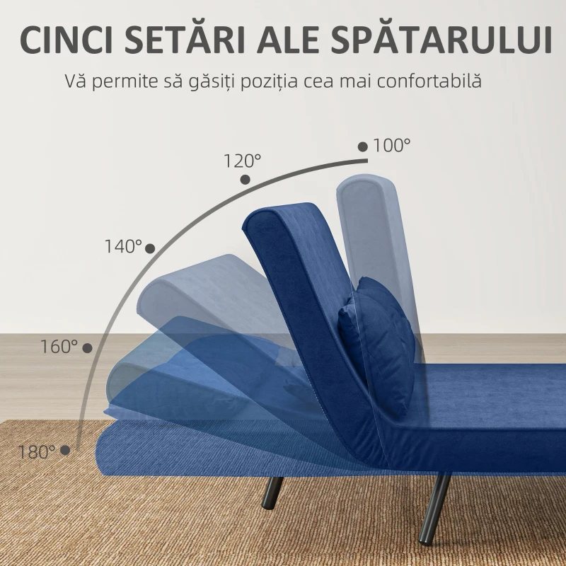 HOMCOM Canapea Pat de 2 Locuri cu Spătar Reglabil pe 5 Nivele și 2 Perne din Material Capitonat, 102x73x81 cm, Albastru(m-5)