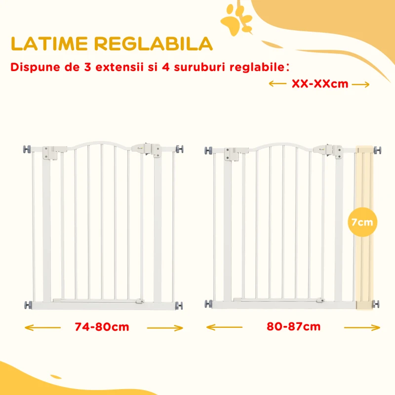 PawHut Poartă Extensibilă pentru Câini fără Șuruburi, Poartă de Siguranță Reglabilă, 94-100x94 cm, Alb