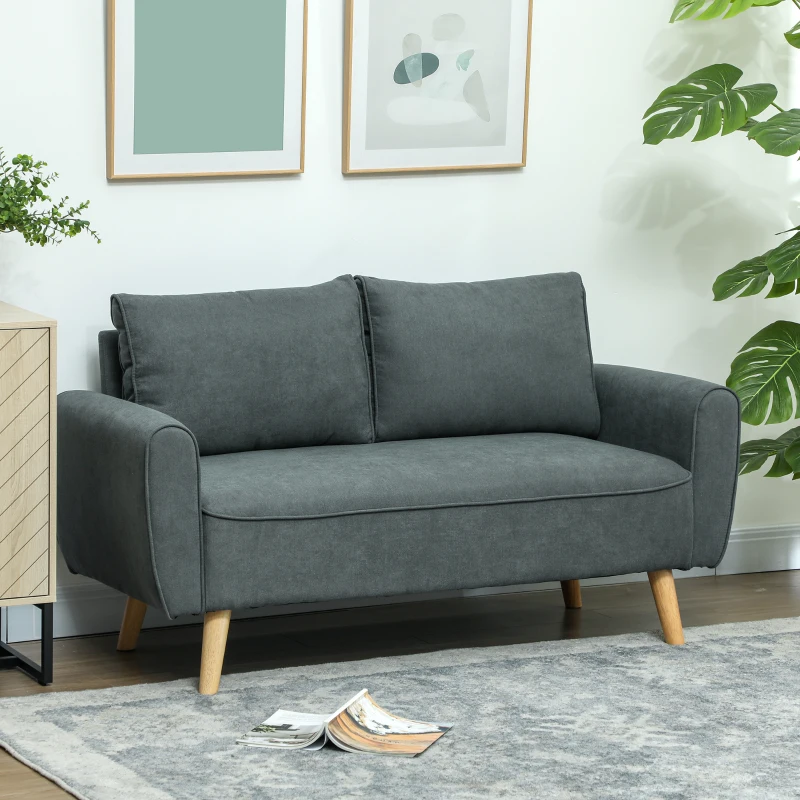 HOMCOM Canapea de 2 Locuri cu Picioare din Lemn Masiv, Canapea Mică din Catifea, 145x75x78 cm, Gri