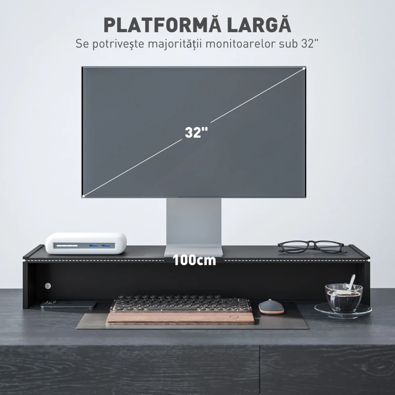 HOMCOM Suport pentru Monitor PC până la 16 kg cu 2 Compartimente de Depozitare, 100x27x15 cm, Negru