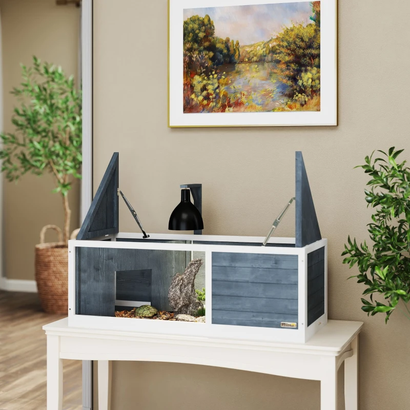 PawHut Schildpaddenverblijf met Opklapbare Bovendeel, Lampstandaard, Doorzichtige Voorplaat, 120 x 50 x 40 cm, Grijs