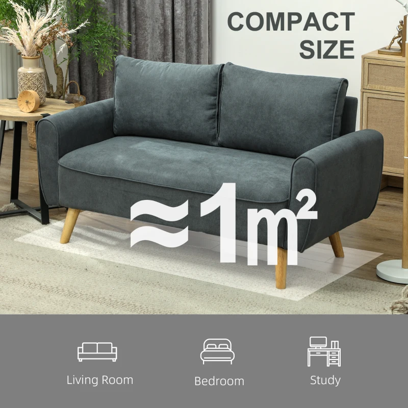 HOMCOM Canapea de 2 Locuri cu Picioare din Lemn Masiv, Canapea Mică din Catifea, 145x75x78 cm, Gri