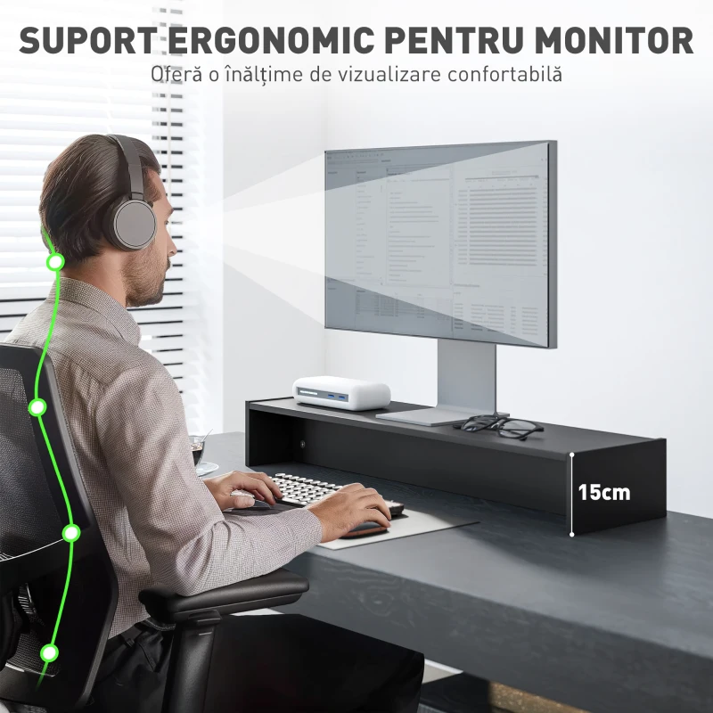 HOMCOM Suport pentru Monitor PC până la 16 kg cu 2 Compartimente de Depozitare, 100x27x15 cm, Negru