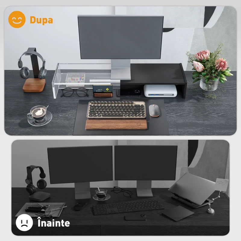 HOMCOM Suport pentru Monitor PC până la 16 kg cu 2 Compartimente de Depozitare, 100x27x15 cm, Negru